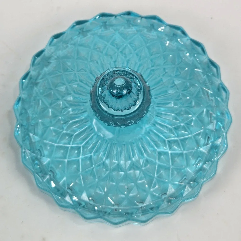 Vtg Style Teal Blue Diamond Cut Lidded Glass Vanity Jar w Tassel 6.5x4